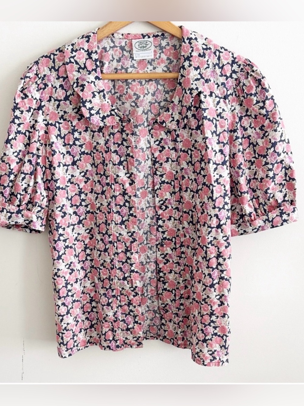 Laura Ashley Pink Navy Floral Puff Sleeve Blouse - Picture 2 of 6